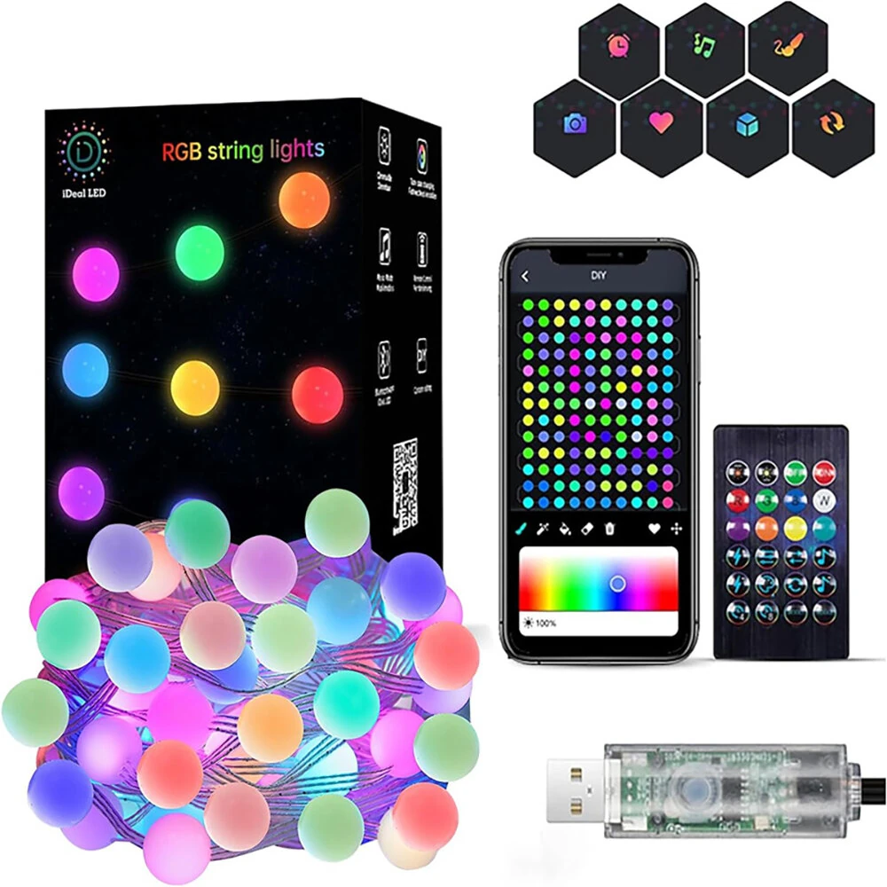 iDeal LED APP Smart Festival Decoration Small White Ball USB Magic Color Point Control Light String Villa 8 Function Leather Line Light String Garden Starry Sky Decorative Light (image for) iDeal LED APP Smart Festival Decoration Small White Ball USB Magic Color Point Control Light String Villa 8 Function Leather Line Light String Garden Starry Sky Decorative Light